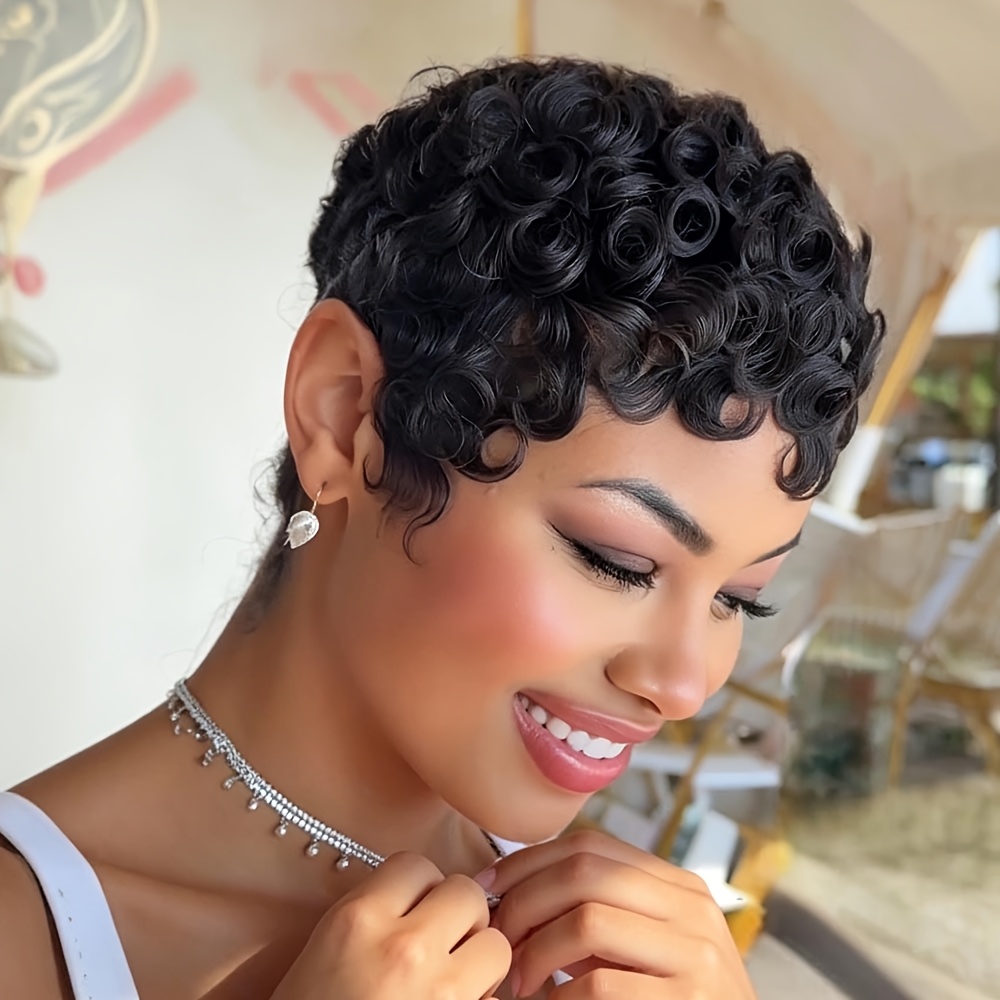 womens short curly cut human hair wig bangs glueless - Temu  display picture 3