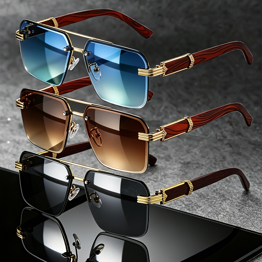 Image of 3pcs Set Retro Golden Metal Square Rimless Sunglasses Unisex Wood Grain Texture Temples Light Luxury Fashionable Classic Durable For Driving Vacation Fishing Hiking Advanced Sun Protection