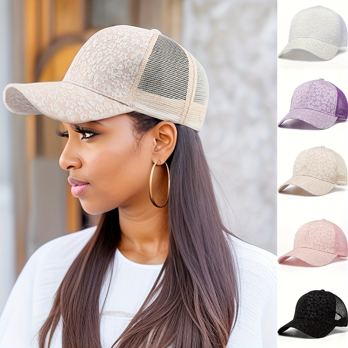 

Women's Lace Baseball Cap, Adjustable Size Sun Hat, Breathable Mesh Back Trucker Hat, Outdoor Sports Cap