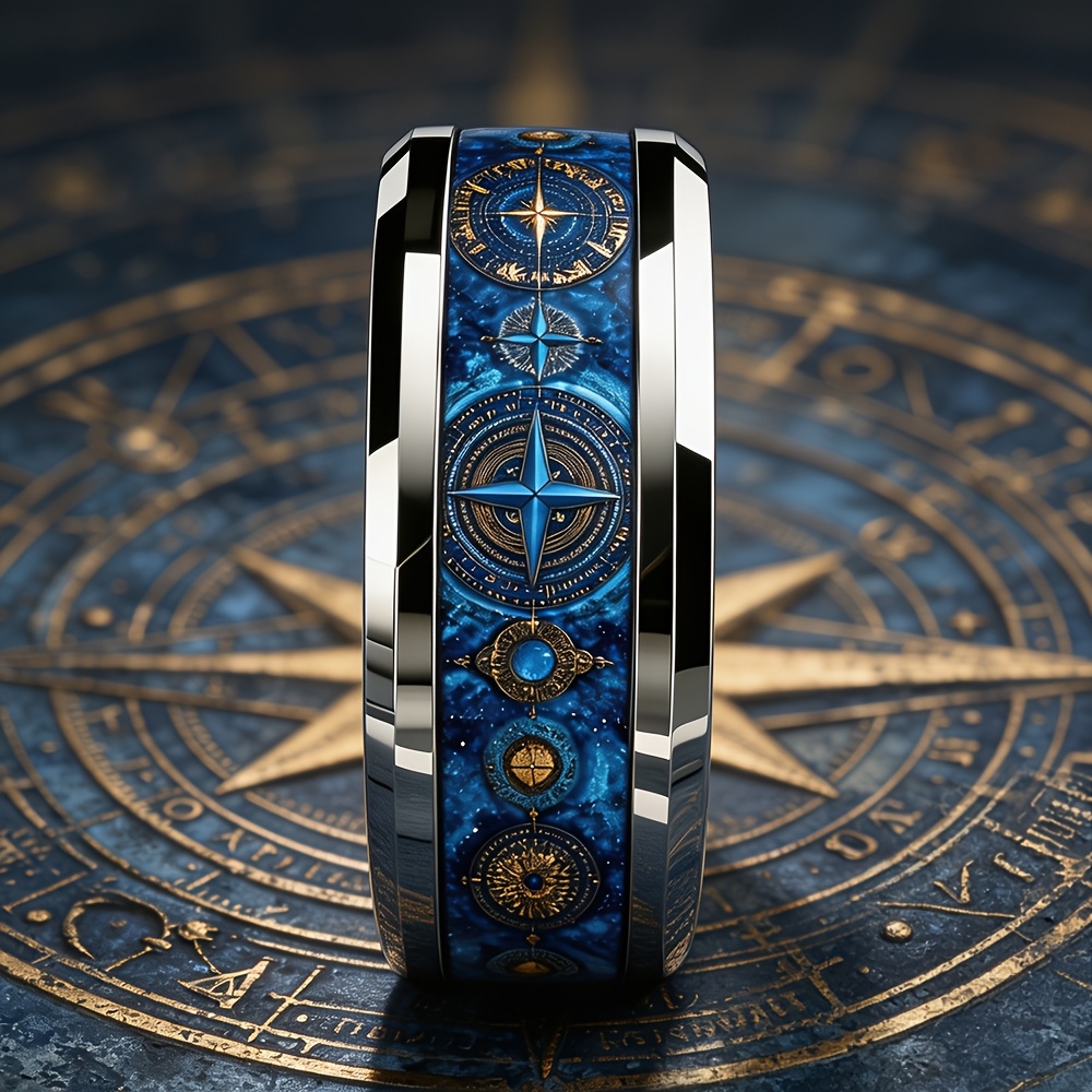 Retro Elegant Blue Galaxy Celestial Compass Ring