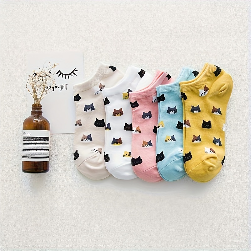 

5 Pairs Cartoon Cat Socks, Casual & Breathable Invisible Ankle Socks, Women's Stockings & Hosiery