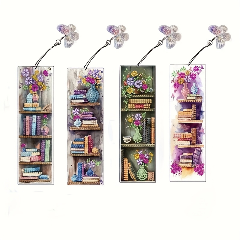 Image of Pack Of 4 Book-themed 5d Diamond Painting Bookmark Kits With Charms, Diy Craft Set With Special-shaped Acrylic Diamonds Suitable For Book Lovers And , Durable Rhinestone Flower Bookmarks