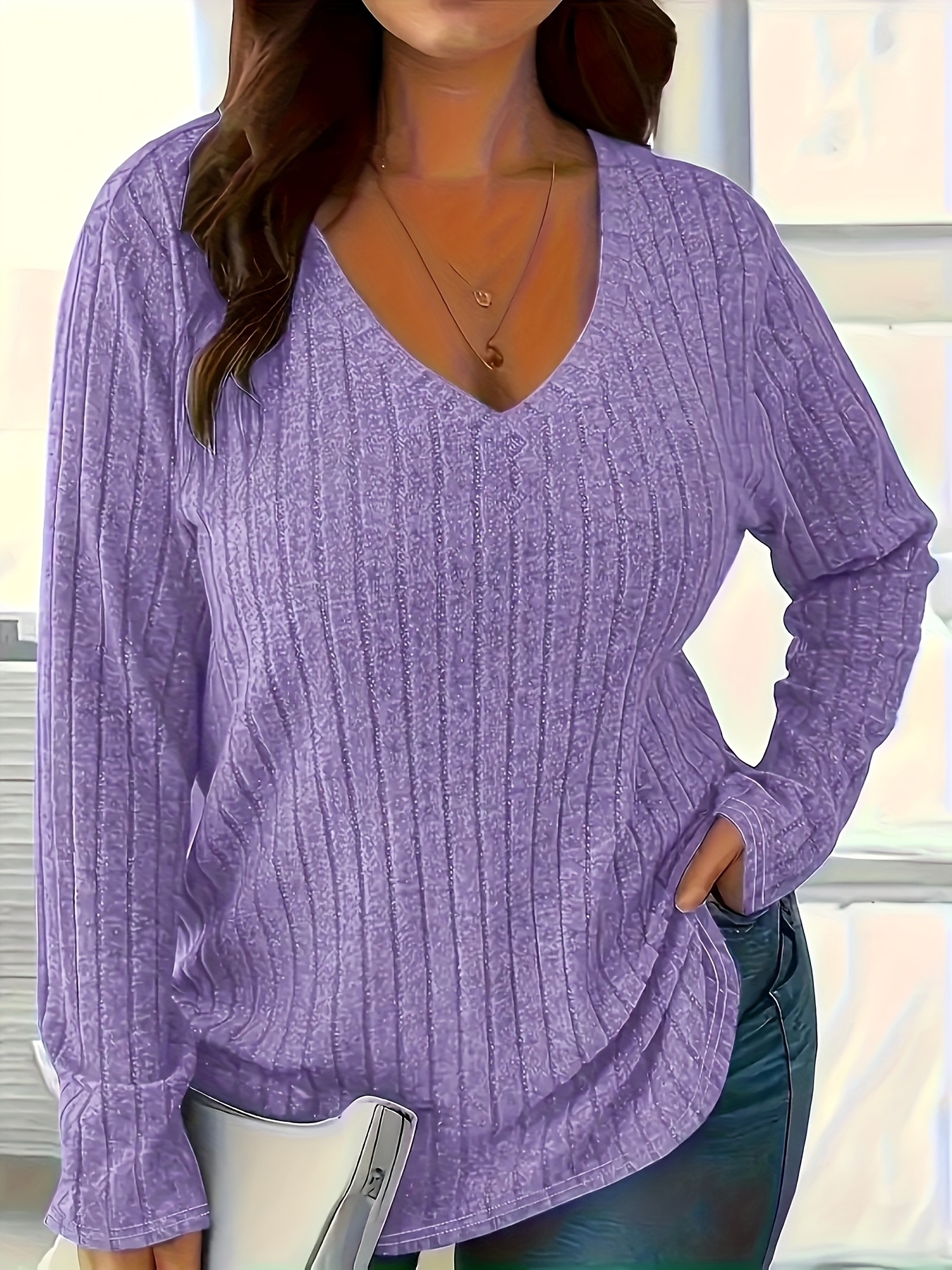 Plus Size, Women's Plus Size V-Neck Long Sleeve Blouse - Elegant Non-See-Through Tops, Machine Washable Loose Fit Shirt for Everyday & Formal Outfits - All-Season Women's Clothing, Versatile Top, Ribbed Texture, Comfortable Material, Stylish Women, Office Wear, Durable Material, Office Attire