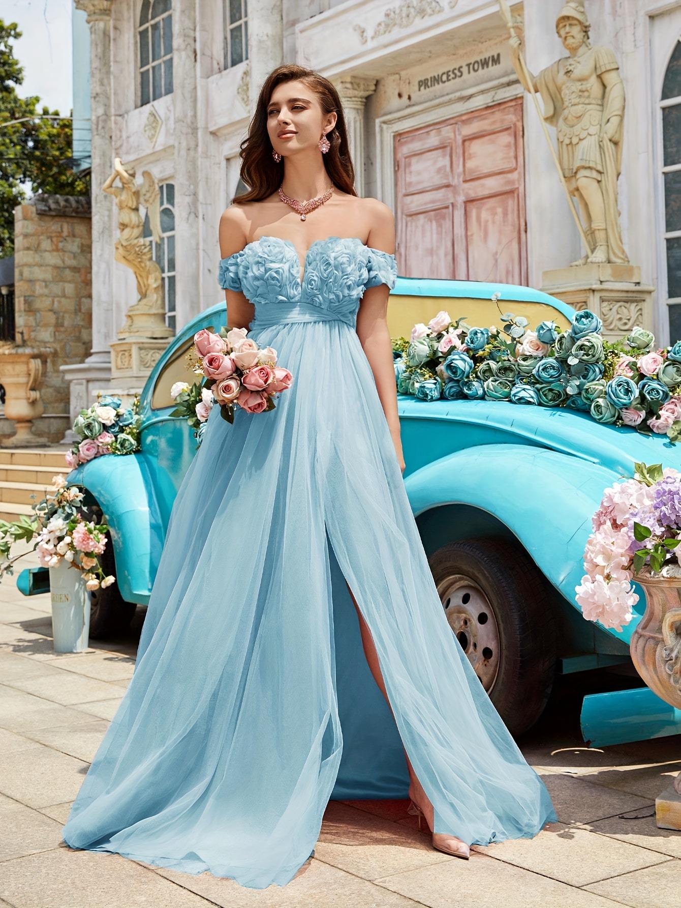 vestido elegante tul hombros descubiertos flores 3d escote Temu - Main Image