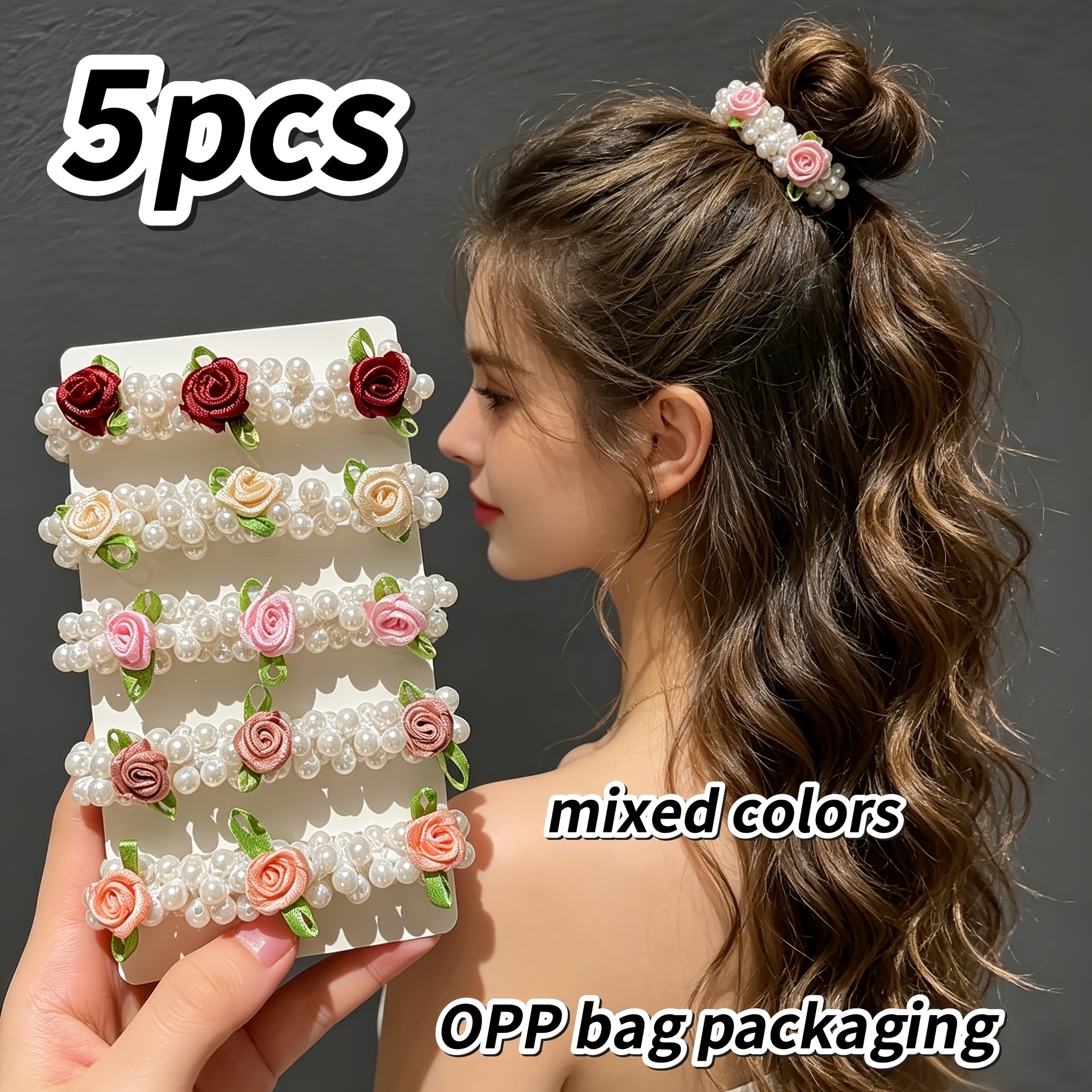 TEMU 5pcs Set Of New Elegant And Versatile Rose Flower Hair Ties, Fashionable Hair Bands For