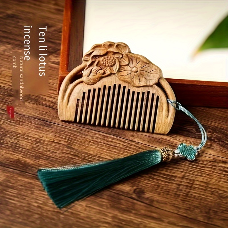 

Elegant Black Comb With Lotus & Rabbit Carvings - Smooth, Polished For All Hair Types | Traditional Chinese Design, Hair Comb Decorative