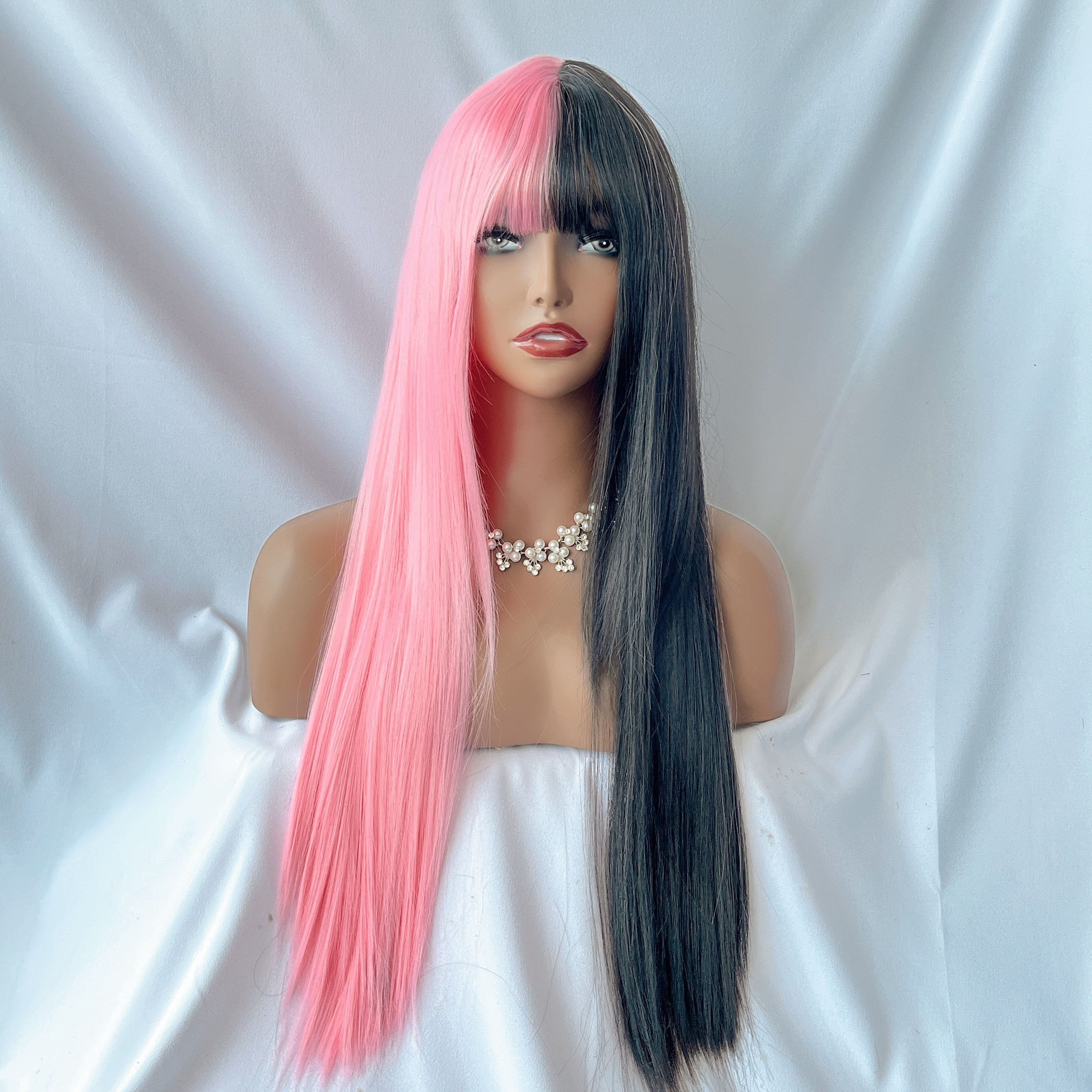 Color Block Full Wig Button Net Bangs Long Straight Hair Daily Wear Party Gathering Music Festival Carnival Halloween Wig
