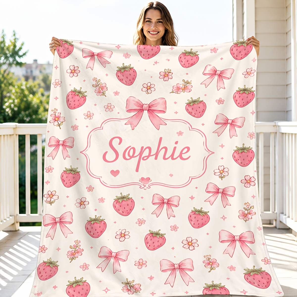 Custom Name Pink Strawberry Floral Pattern Flannel Blanket