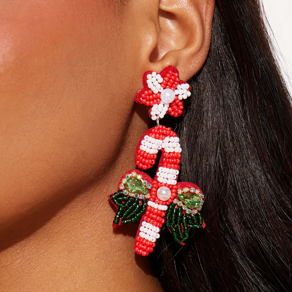 

[1pc Christmas Candy Cane Earrings] Christmas Beaded Candy Cane & Bow Dangle Earrings, Sexy Stainless Steel Earrings With Rhinestones, For Holiday Party & Festival Celebrations, Perfect Christmas Gift