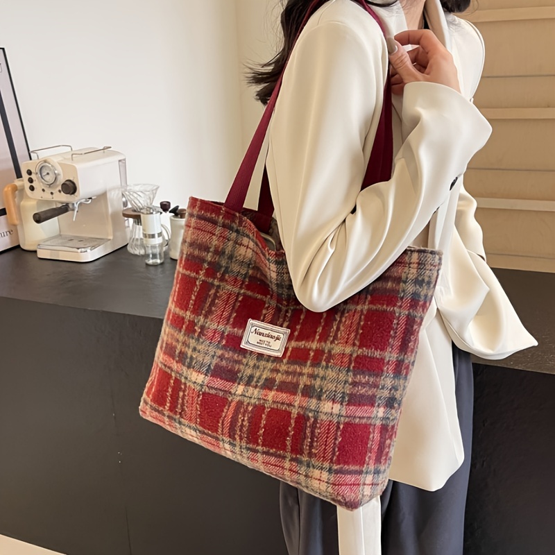 

Large Capacity Tartan Tote Bag - Shoulder Carry, Tweed Fabric, Machine Washable, For Work & Daily Use - , Elegant