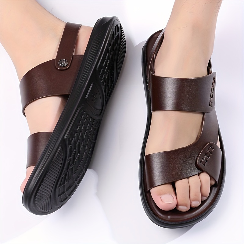 

Men's Split Cow Leather Upper Slip On Sandals Breathable Hollow Out Casual Outdoor Walking Fishing Activities, All Seasons