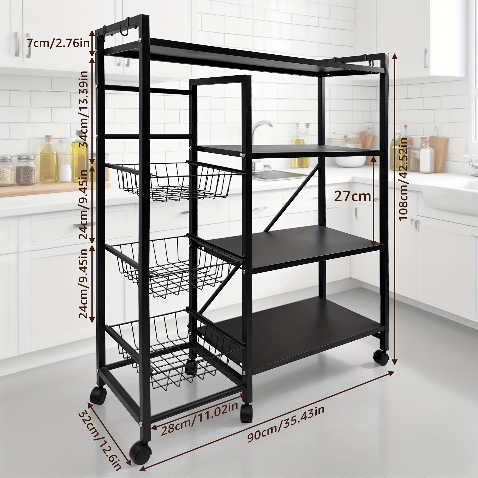 Multi-Purpose Rolling Kitchen Cart with 3-Tier Storage Baskets