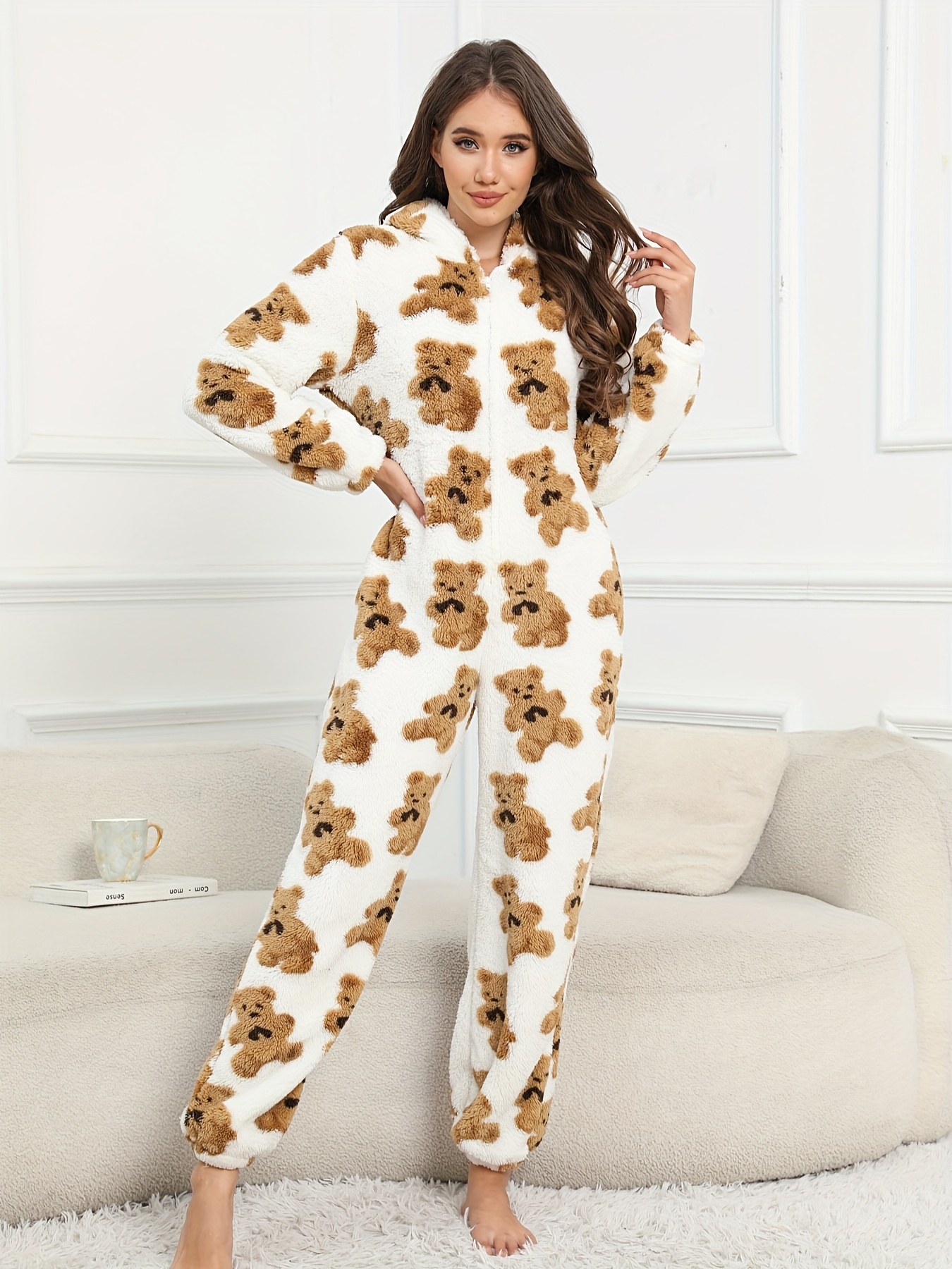 Bear Pattern Fuzzy Pajama Jumpsuit For Music Festival, Long Sleeve Hooded  Zip Pajamas, Women's Lingerie & Sleepwear