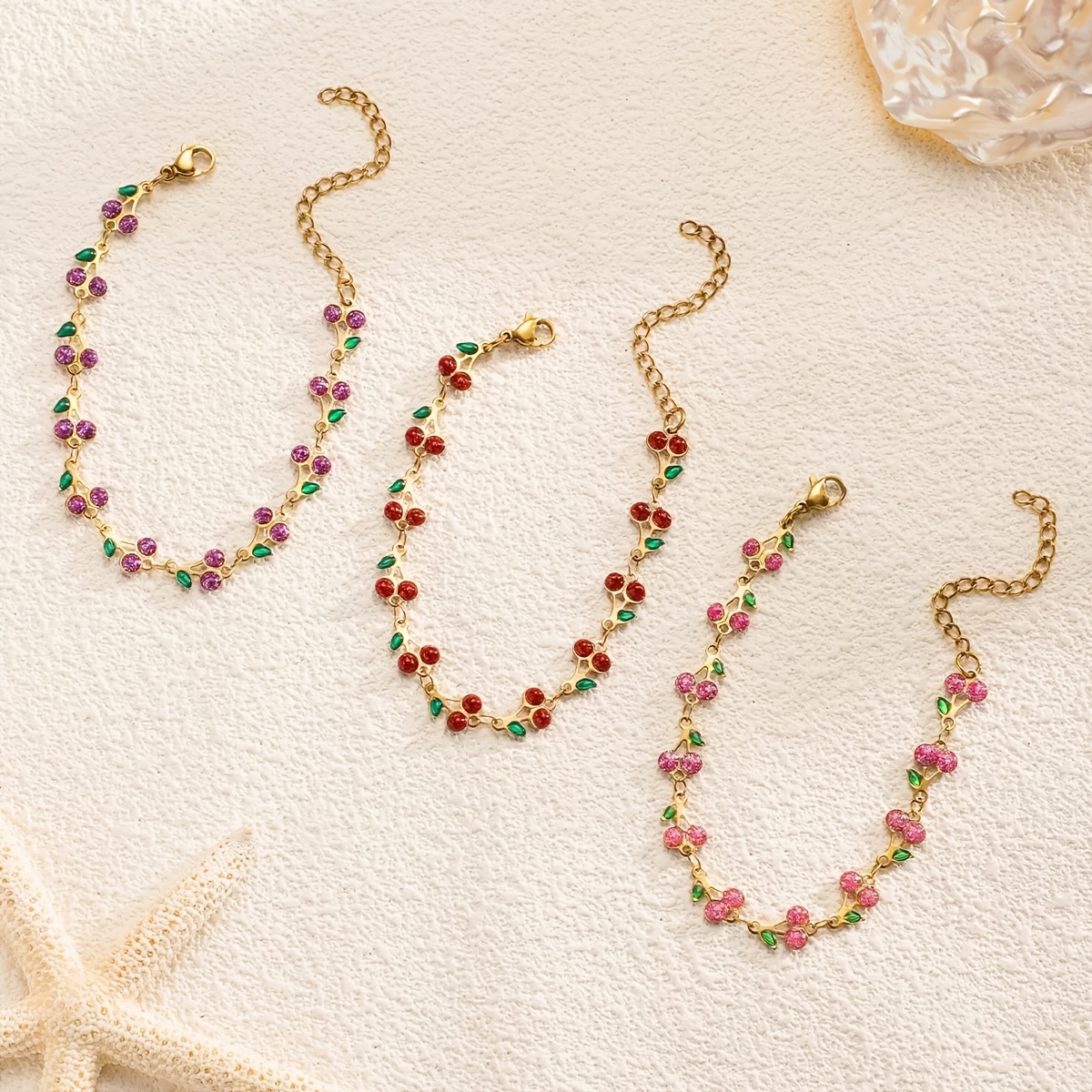 TEMU 3pcs Cross-border Hot Selling Fruit Cherry Stainless Steel Exquisite Light Luxury High-end Bracelet