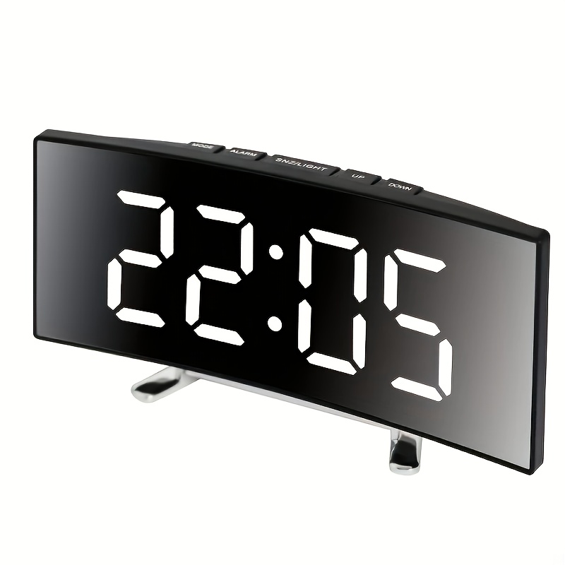 TEMU Modern Led Mirror Clock With Curved Display - Silent Digital Alarm Clock, Dimmable, Or Battery Powered, Batteries Not Included, Abs Material -