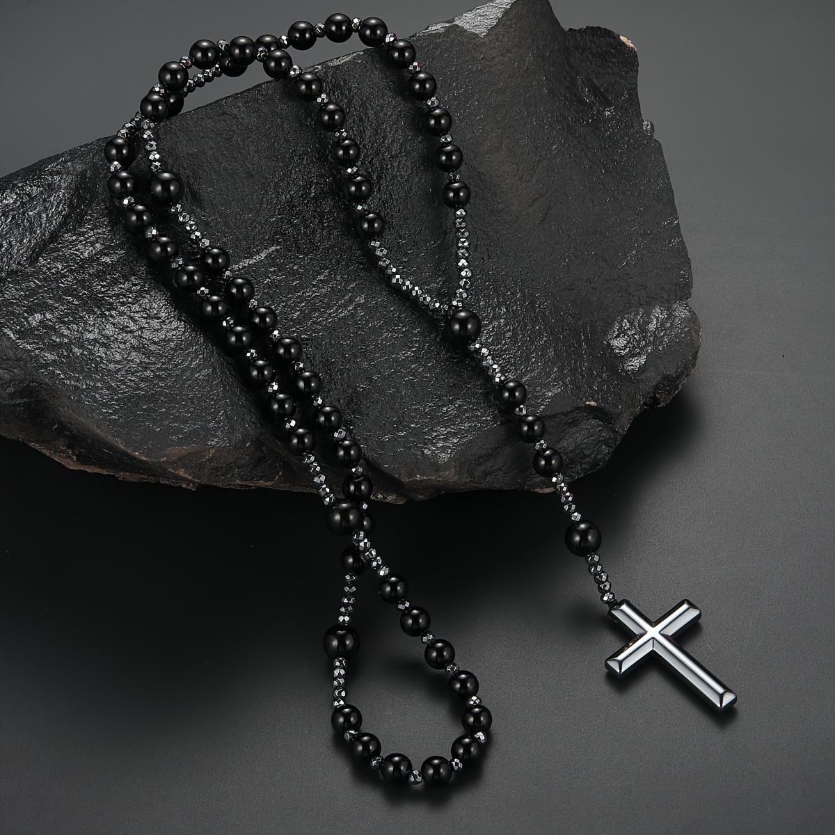 8mm Natural Stone Beads Cross Pendant Necklace