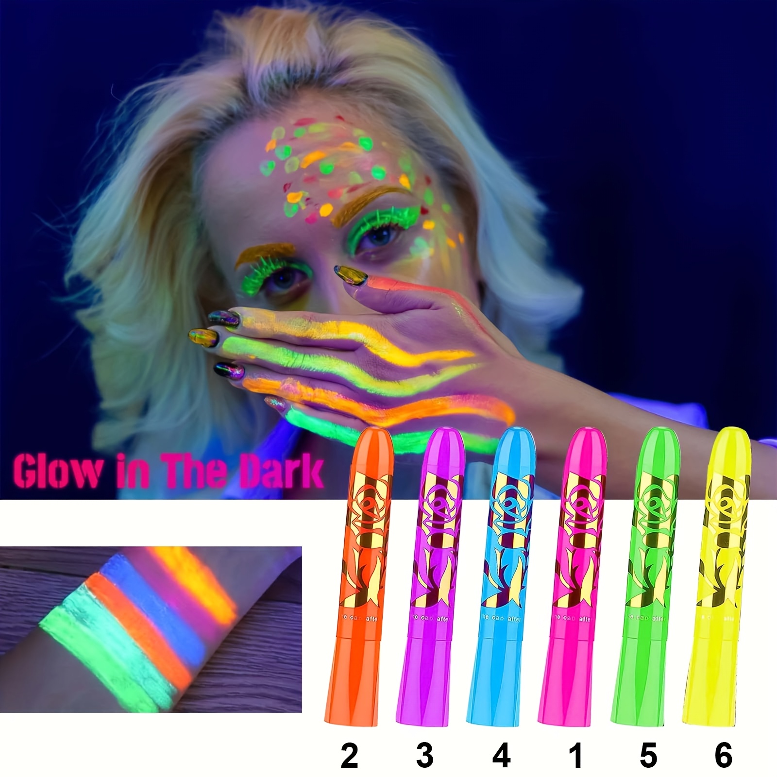 Image of New 6pcs Glow In The Dark Under Black Light Face Body Paint, Black Light Glow Makeup Kit For Adult, Fluorescent Face Paints Crayons For Birthday Party Halloween Masquerade Makeup