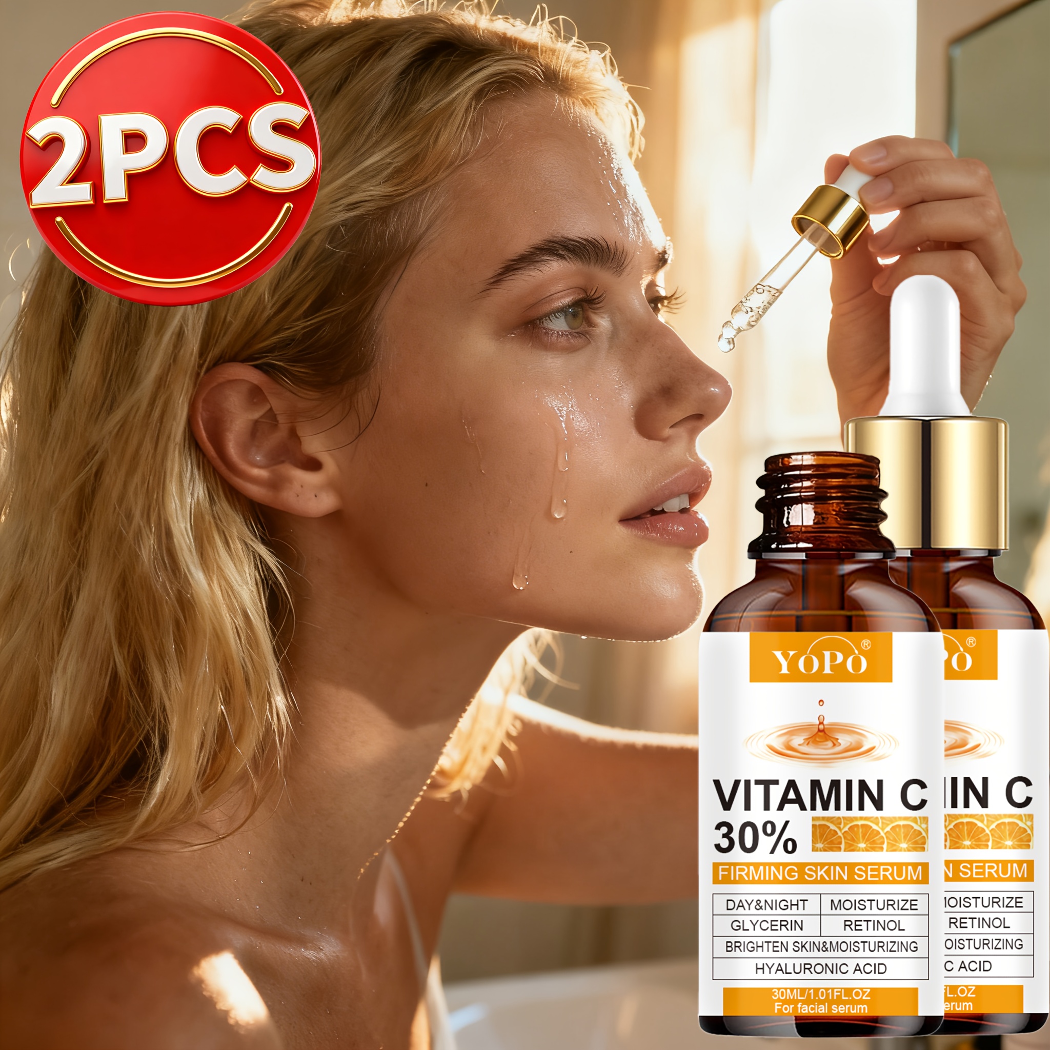 Image of 2pcs 30% Vitamin C Serum For Face With Retinol And Hyaluronic Acid, Firming Serum For Brightening And Moisturizing, Day And Night Face Serum For And Glowing Skin X 2