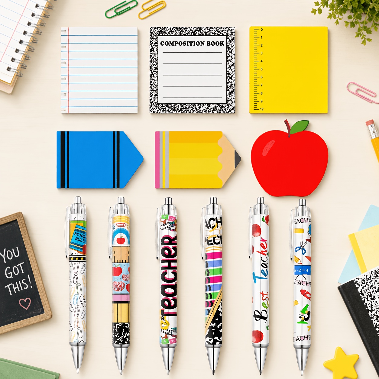 TEMU 12pcs - 6 Pads Classroom Sticky Notes With 6 Teacher Ballpoint Pens, Teacher Appreciation Gift Set, Back To School Stationery Supplies, Cute