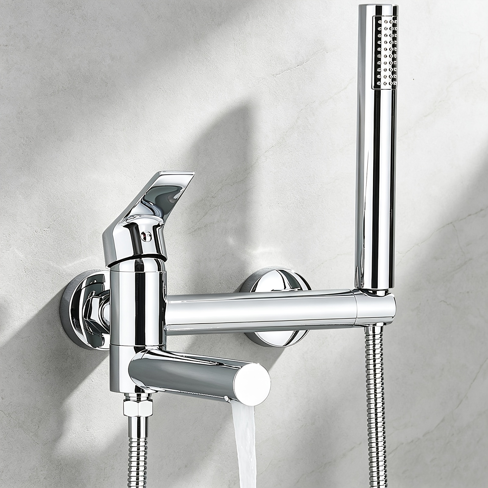 Image of Wall-mounted Bathtub Faucet, Bathtub Filler With Handheld Shower, Swivel Spout, Bathroom Hot And Cold Water Mixing Faucet, Chrome Plated