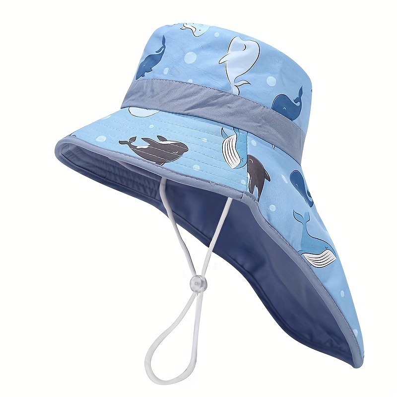 1pc Animal Cartoon Print Children's UV Protection Sun Hat, Bucket Hats, with Neck Cover and Chin Strap for Beach Hiking, 52cm,Temu