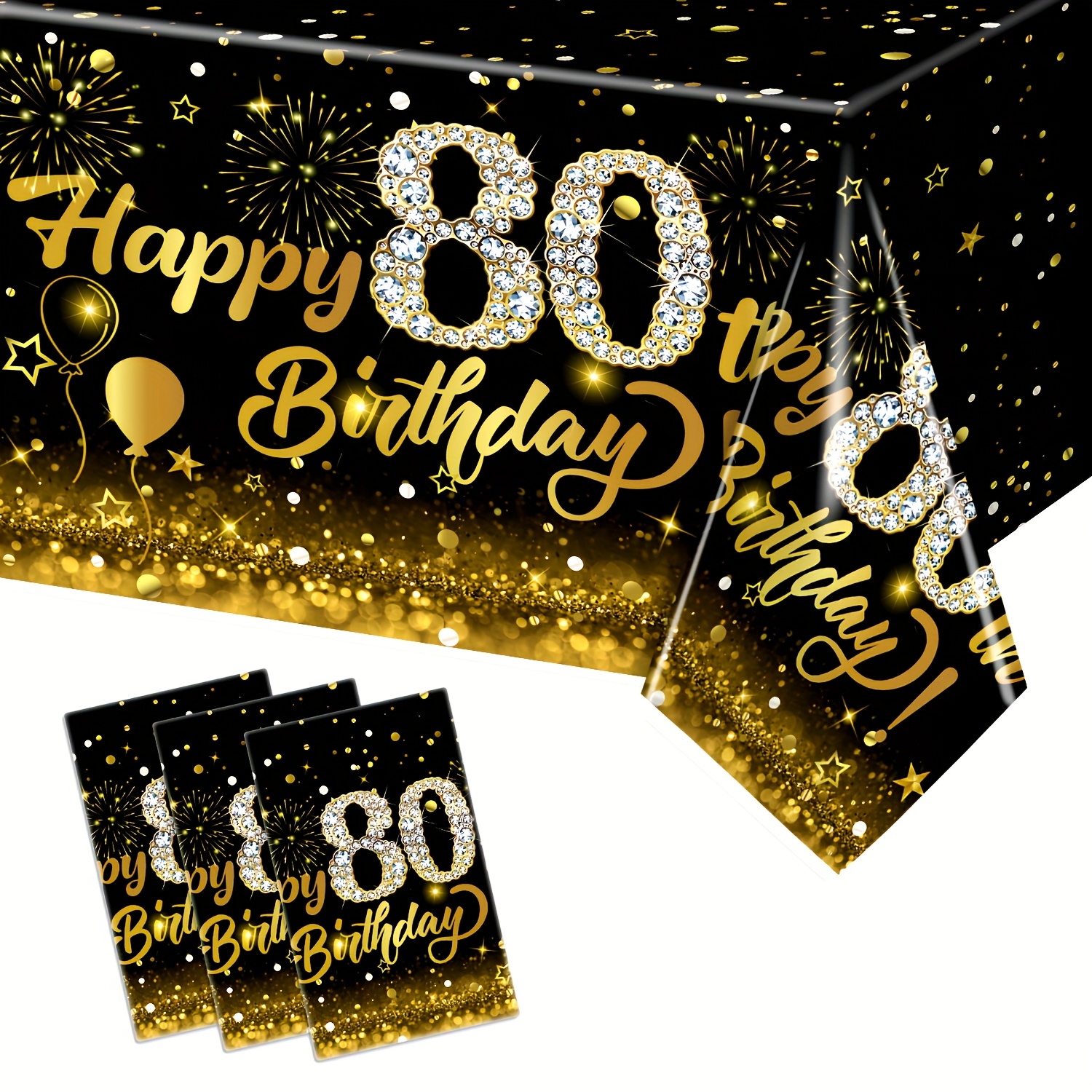 TEMU 3pcs, Party Tablecloth, Black And Golden Themed Decorations For An 80th Birthday Party, Including 3 Black And Golden Tablecloths Suitable For