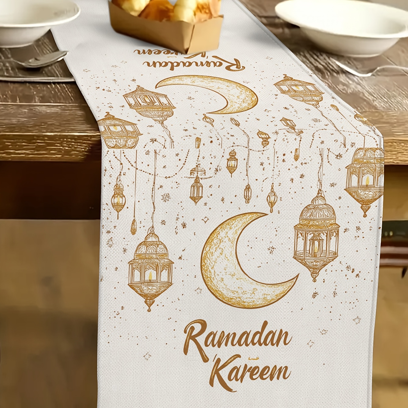 

1pc Polyester Ramadan Moon Lantern Rectangular Tablecloth - Woven Table Ornaments For Eid Celebrations And Parties, Home Kitchen Table Matching