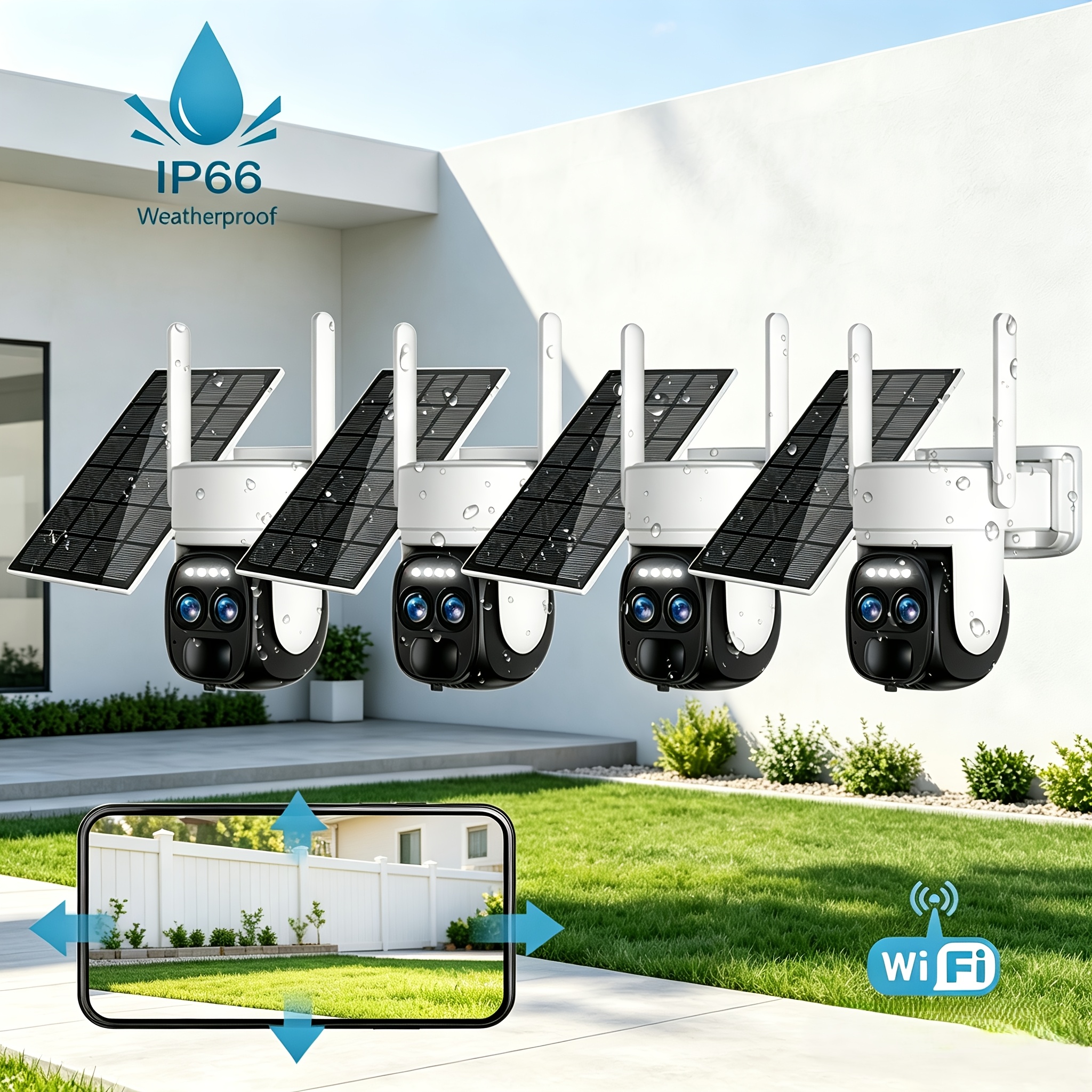 TEMU Caméras de sécurité intelligentes solaires fil 2.4G et 5G Wifi, alimentées par batterie pour l'extérieur, caméras fil à 360° pour la sécurité de