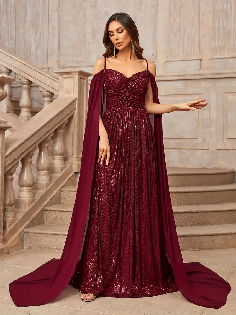 ceremony dress sequin ADYCE Off-Shoulder Elegant Slit Sequin Cocktail Party Evening Ball Gown With Long Satin Ribbon, White