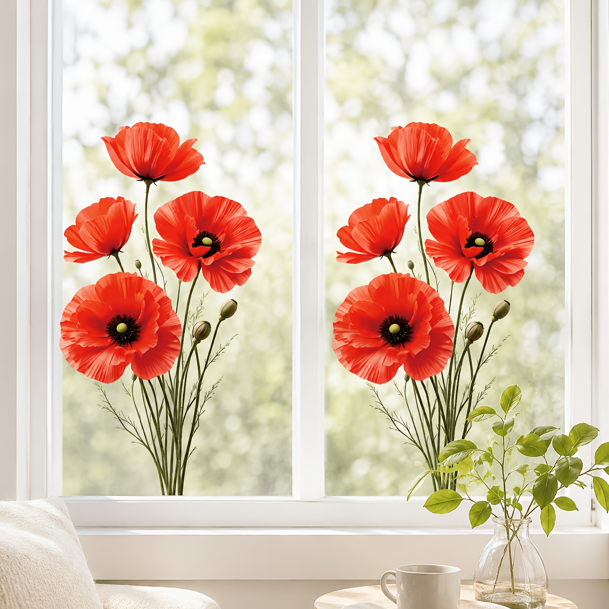 TEMU 2 Sheets Summer Red Flower Floral Decorative Window Clings, Realistic Colorful Floral Glass Stickers, Static Cling Removable Glass Decals, Door