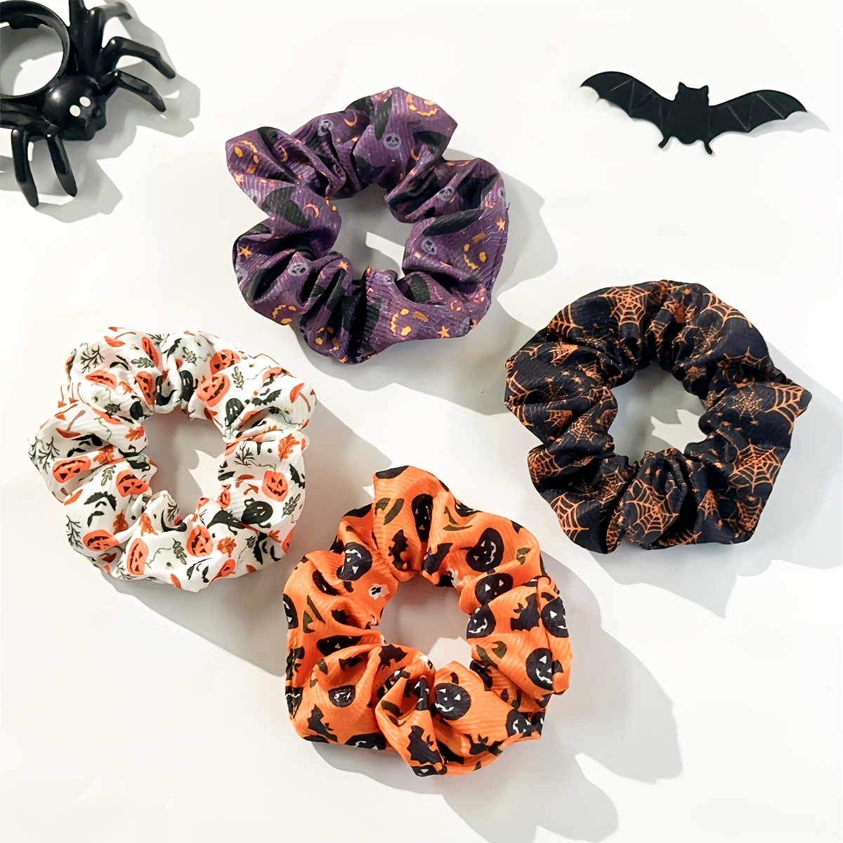 Image of 4pcs Halloween Fabric Print Pumpkin Web Pattern Scrunchies For Ponytails And Buns, Elastic Hair Ties For Hairstyle Accessories