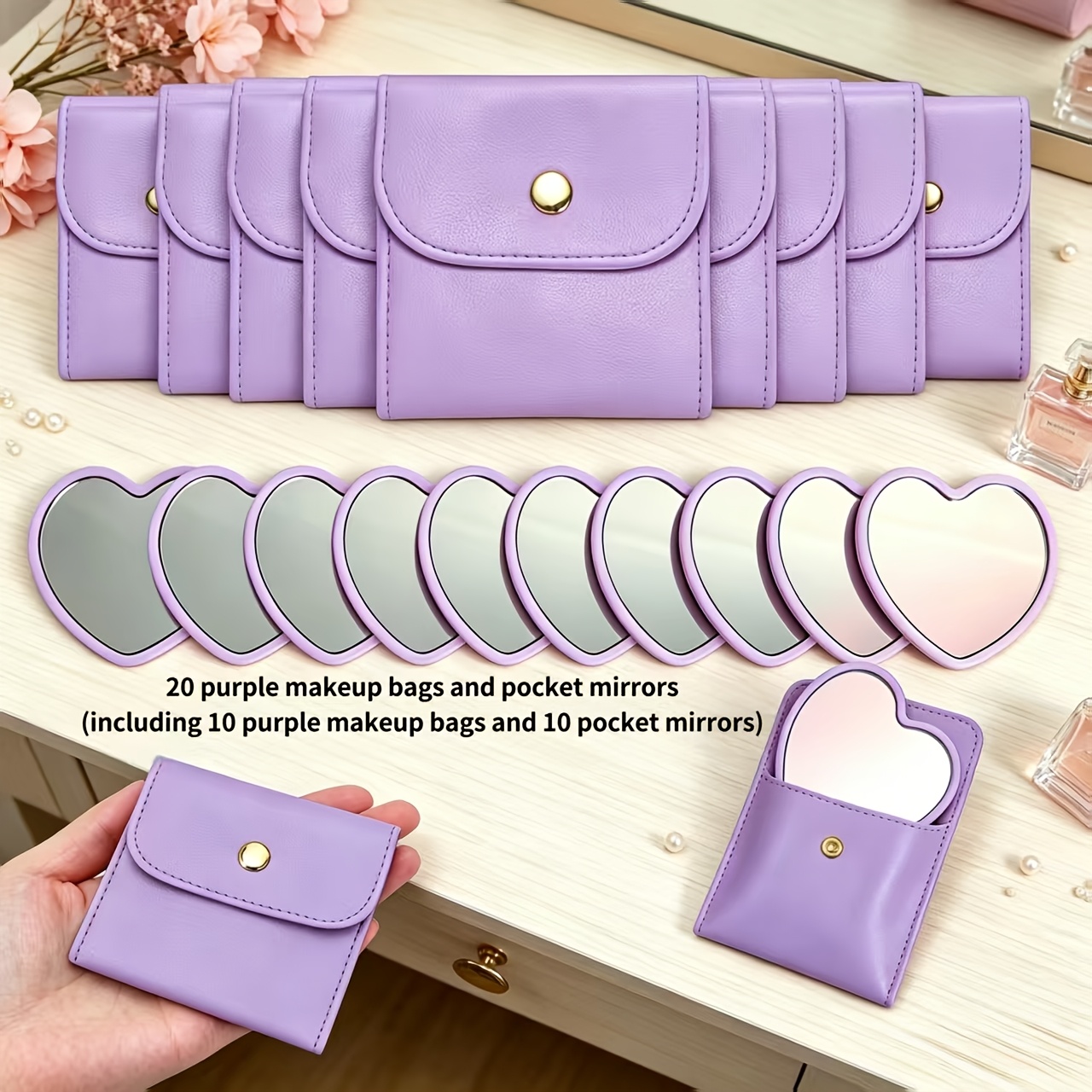TEMU 20 Purple Makeup Bags And Portable Makeup Mirrors, Including 10 Purple Makeup Bags And 10 Portable Makeup Mirrors, Gift Bags, Party Gift Bags,
