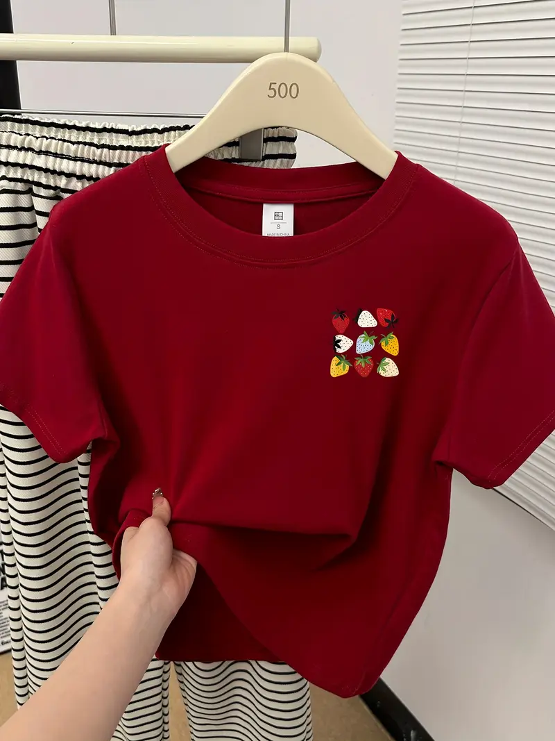 womens fit short sleeve crew neck t shirt strawberry print summer casual top japanese korean style machine washable tee for fashion casual attire shirts for s graphic fit shirt comfortable material trendy teens Product details 3