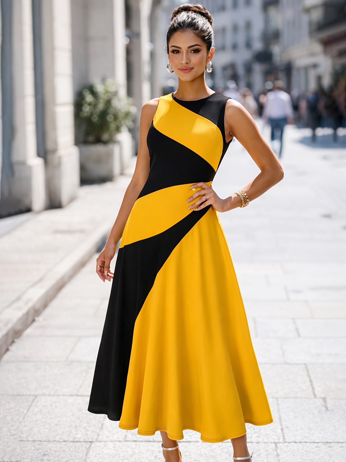 Casual Yellow And Black Dress Women's Elegant V-neck Button-front Dress  Mustard Yellow Short