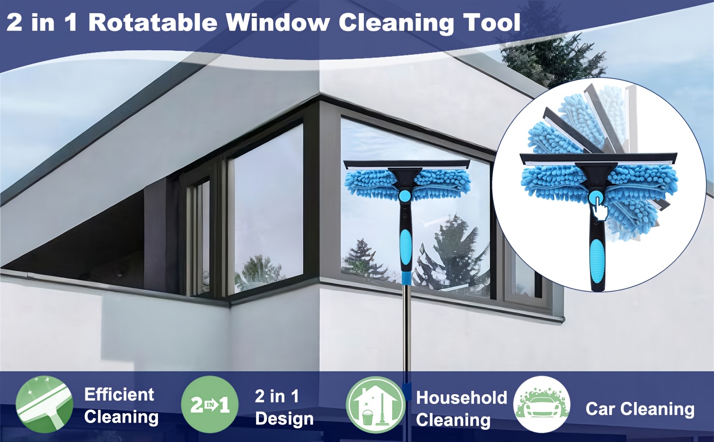 1 set of retractable window cleaning brush and cleaning brush kit with telescopic rod reusable microfiber pad stainless steel handle   outdoor and glass cleaning tool no power required machine washable 1 rotatable head and 2 interchangeable brushes blue details 0