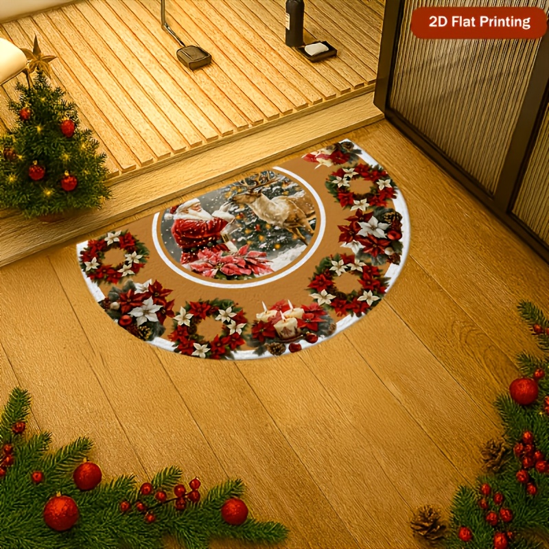 TEMU 1pc Christmas Semicircular Doormat With Christmas Red Flower And Snow Pattern - Non-slip And Indoor/outdoor Entrance Mat, Red/green/white/golden