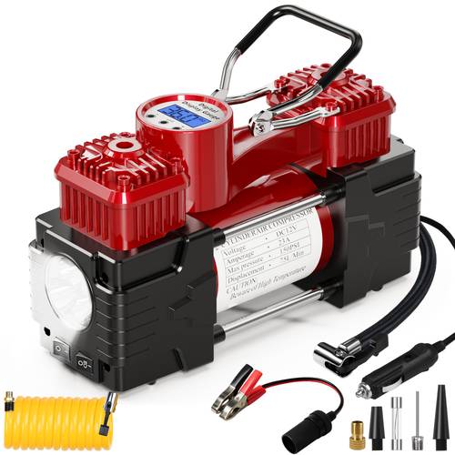 item picture portable air compressor pump tire inflator auto shut off digital gauge heavy duty double cylinder with emergency light 12v tire pump 150 psi for auto suv off road truck bike