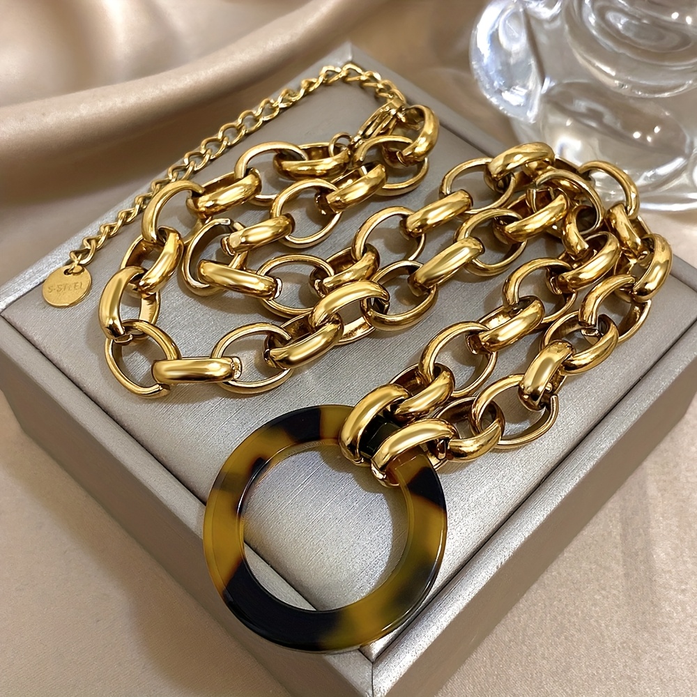 E-shop Punk Chunky Goldene Edelstahl Dicke Kette Runde Acryl Acetat Leopard Anhänger Halskette für Männer Frauen Statement Mode Schmuck