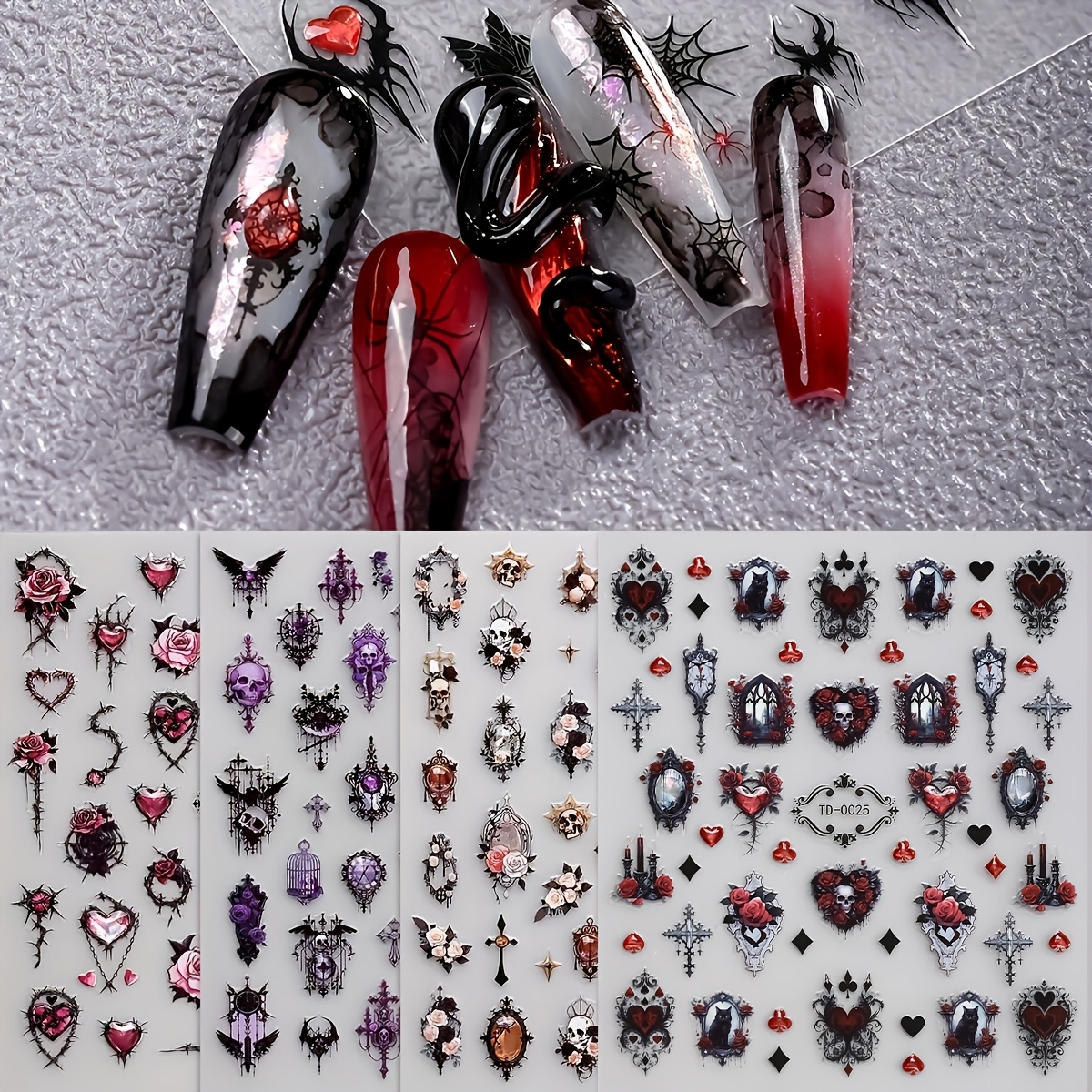 Image of 4pcs Gothic Style Nail Art Stickers, 5d Jelly Vintage Gemstone Black Cat Self-adhesive Nail Decals For Women Nail Art Supplies