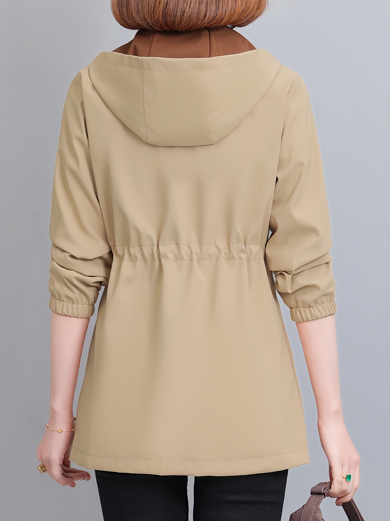 Chaqueta Elegante con Capucha de Longitud Media para Mujer - Abrigo Reversible a Prueba de Viento con Cintura Ajustable y Bolsillos con Cremallera, Ropa Casual de Color Sólido para Primavera/Otoño, Sudadera con Cordón, Diseño Estructurado