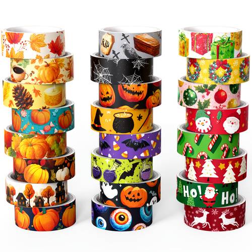 24 rolls autumn halloween christmas themed washi tape set 8 styles per season 300cm long x 1 5cm wide per roll suitable for decor party decorations candy bags christmas tree ornaments etc