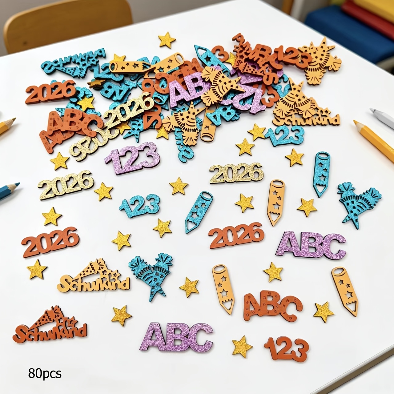 Image of 80pcs Confetti, School Opening Season Decoration - Wooden Confetti. Multiple Colors And Styles Are Mixed . Suitable For Tabletop Scene Arrangement