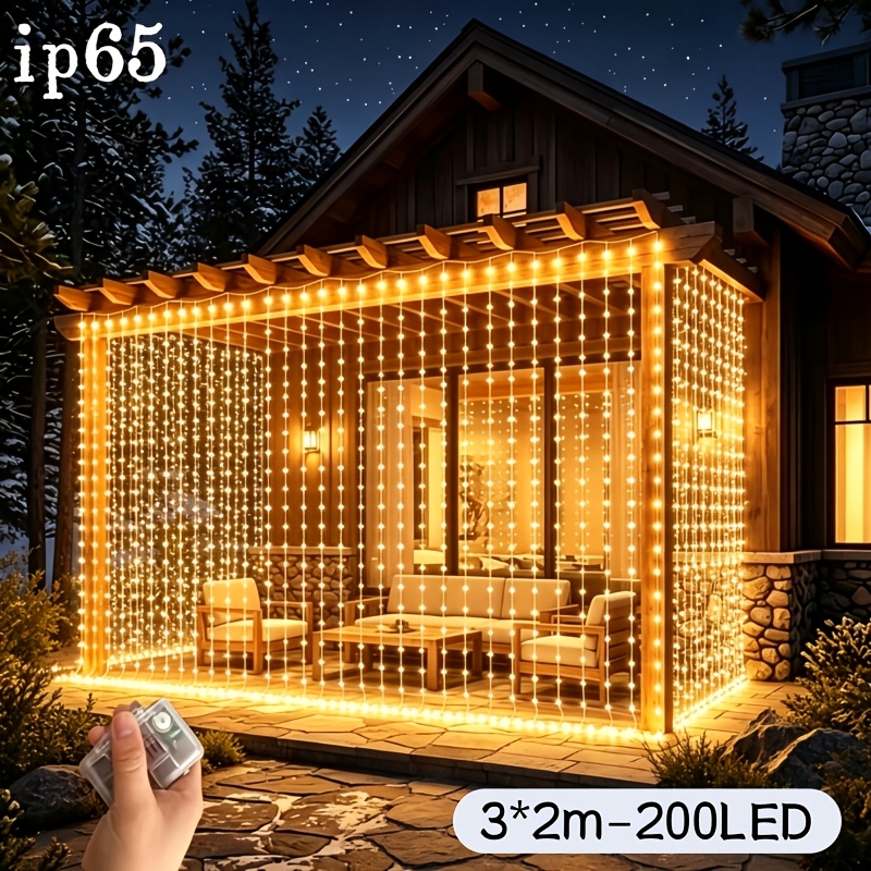 TEMU 300 X 200 Cm, 200 Led Curtain Lights, Led Fairy Lights, Waterfall String Lights, 8 Adjustable, Warm/white Light Optional, Suitable For Outdoor