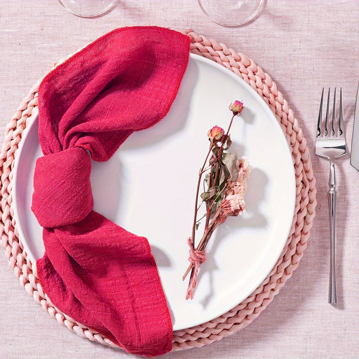 Image of Set Of 12 Lock-stitched Solid Gauze Square Napkins Measuring 42*42cm/16.5*16.5inch, Suitable For Handmade Use, Christmas Dinner, Everyday Use, And As Decorative Fabric For Events Or Wiping.