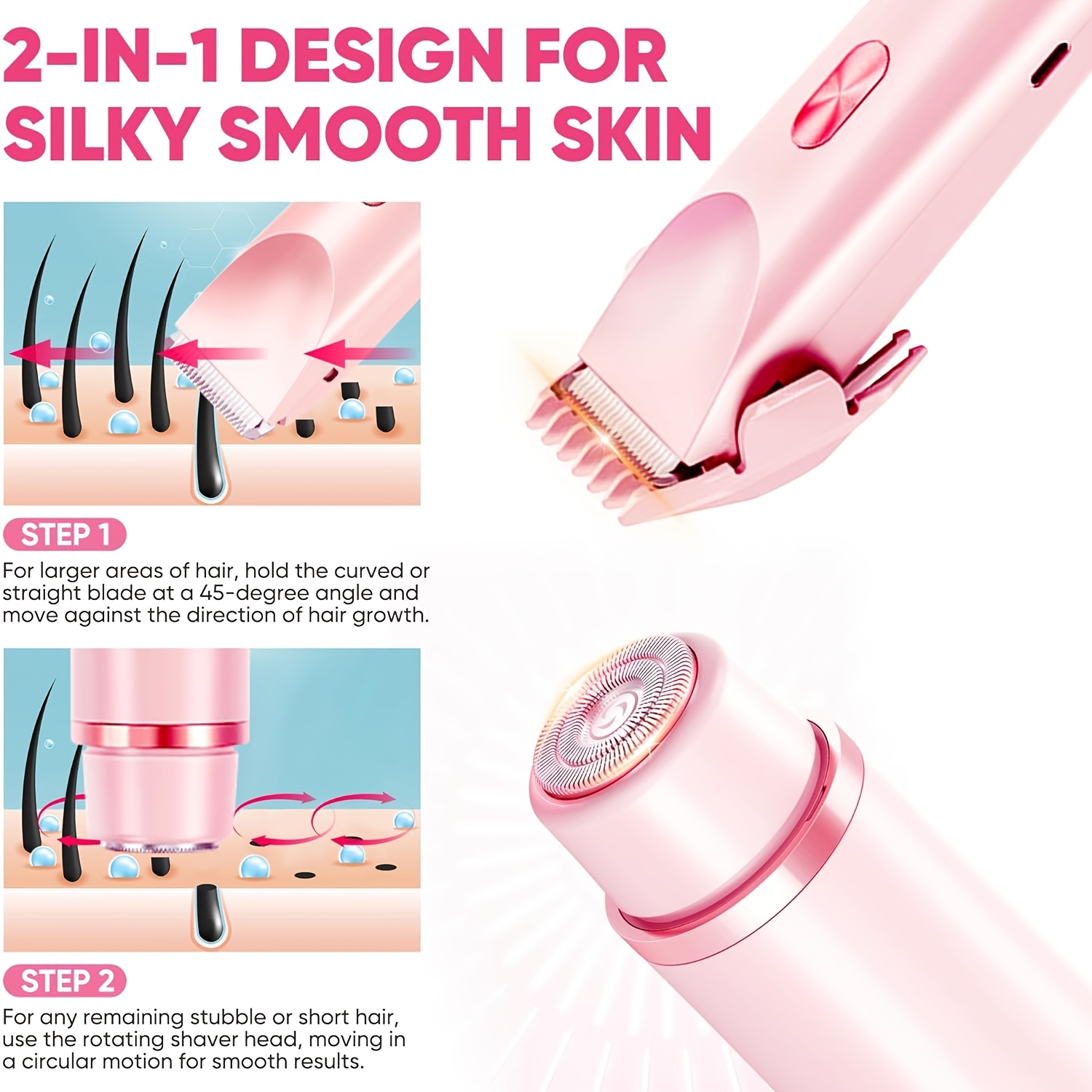 2 in 1 womens electric shaver for eyebrows face legs armpits dry and wet use portable   adjustable usb rechargeable shaver double headed shaver womens razor multifunctional beauty tool ideal gift for ladies Product details 4