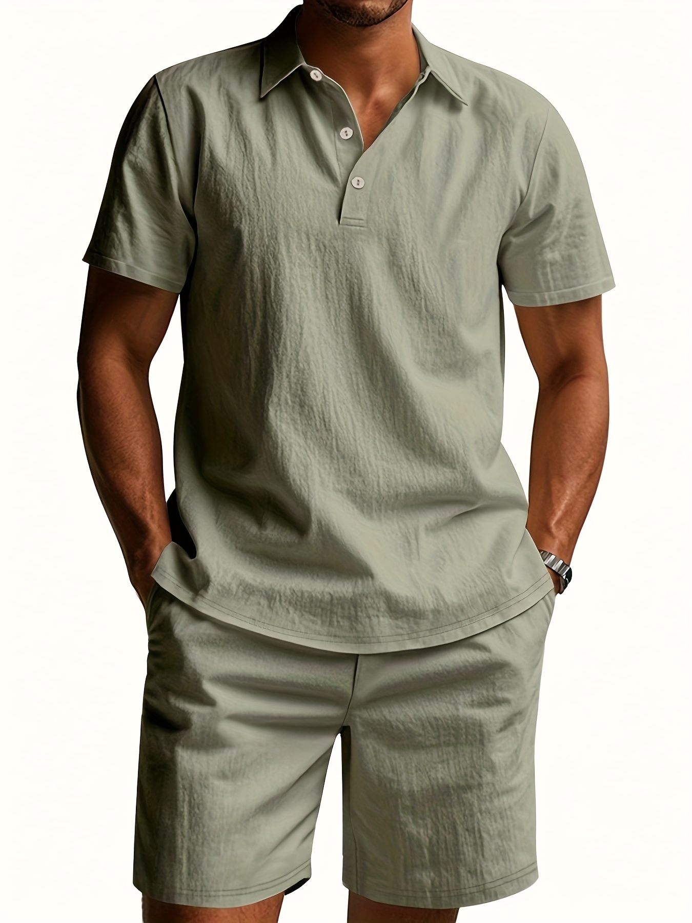 Men's Linen Short Sleeve Shorts Set, Summer Outdoor Sports Casual Breathable Short Sleeve Shirt with Shorts