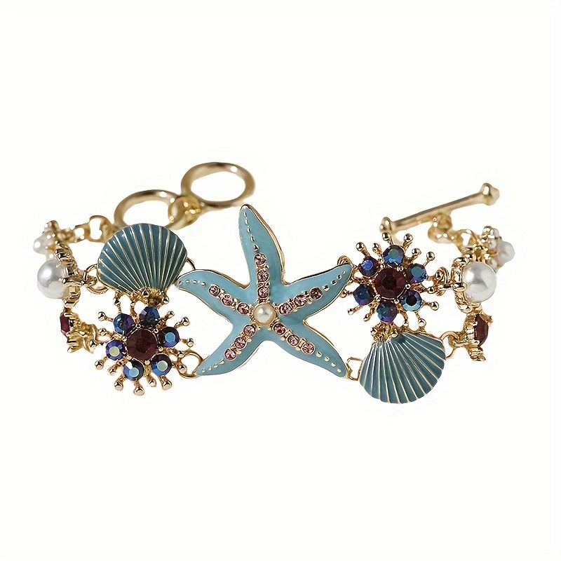 Bohemian Ocean Starfish & Seashell Bracelet with Rhinestones