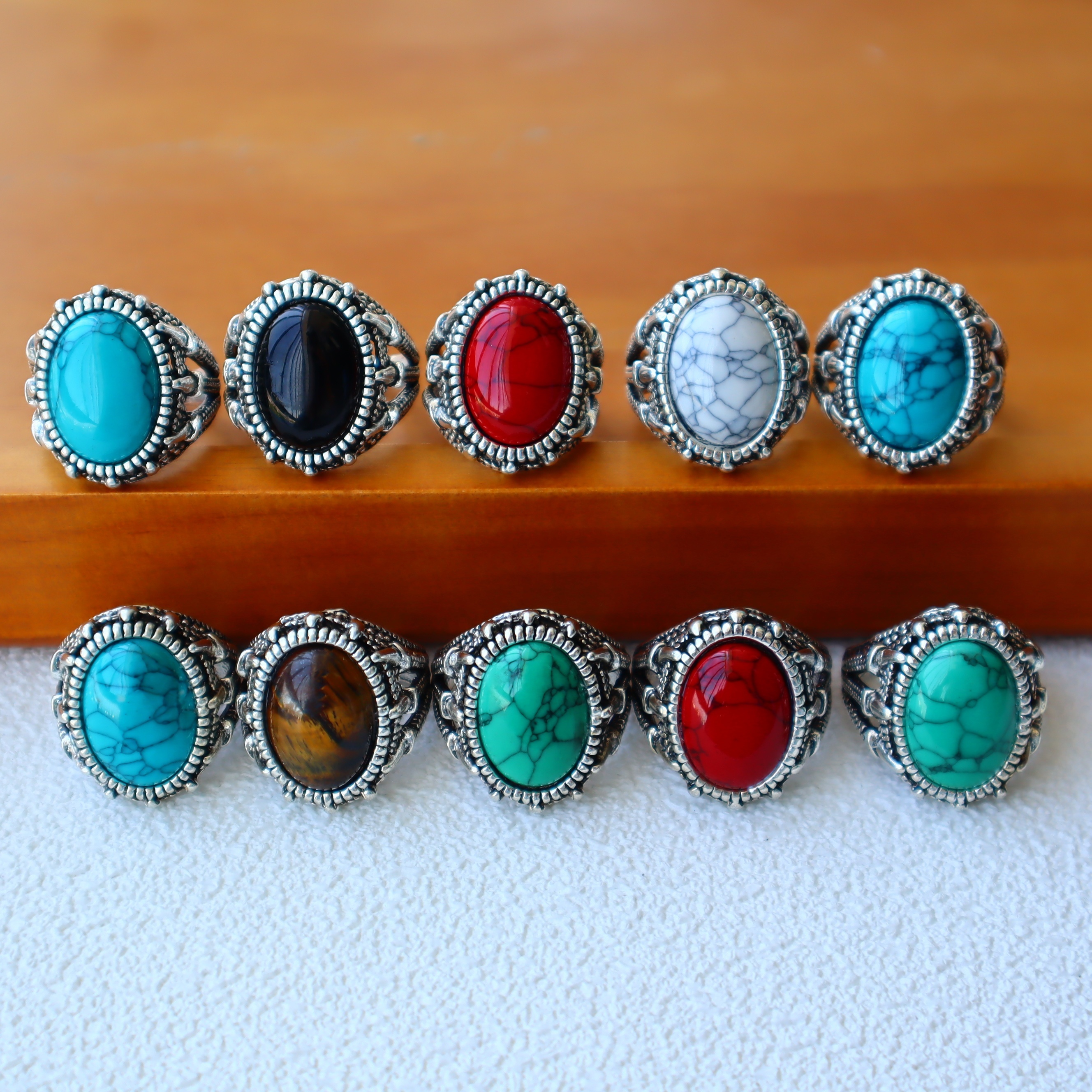 

Vintage Style 7 Pcs Men's Rings With Turquoise Stones And Stainless Steel Bands