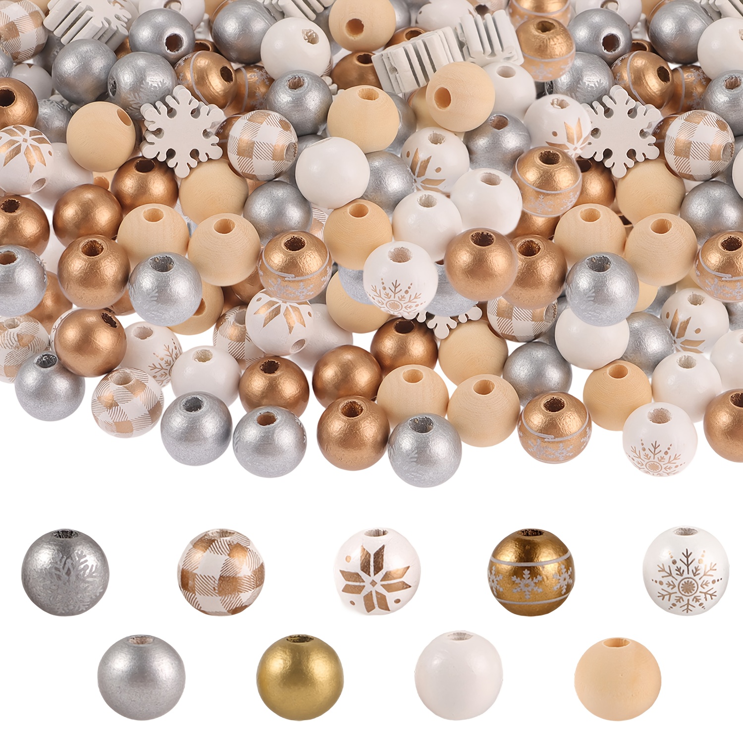 Image of 70pcs Christmas Wood Beads Craft - , Snowflake, Round Rustic Farmhouse Wooden For Xmas Diy Garland, Home Party Decor