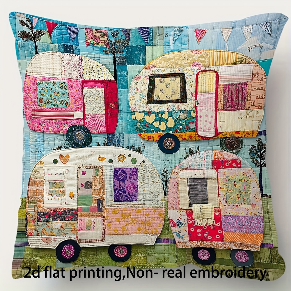 TEMU 2d Flat - 1pc Of 2d Flat Printed Non-real Short Plush Decorative Pillow Cover Featuring A Colorful Design Of Vintage Caravans. It Has